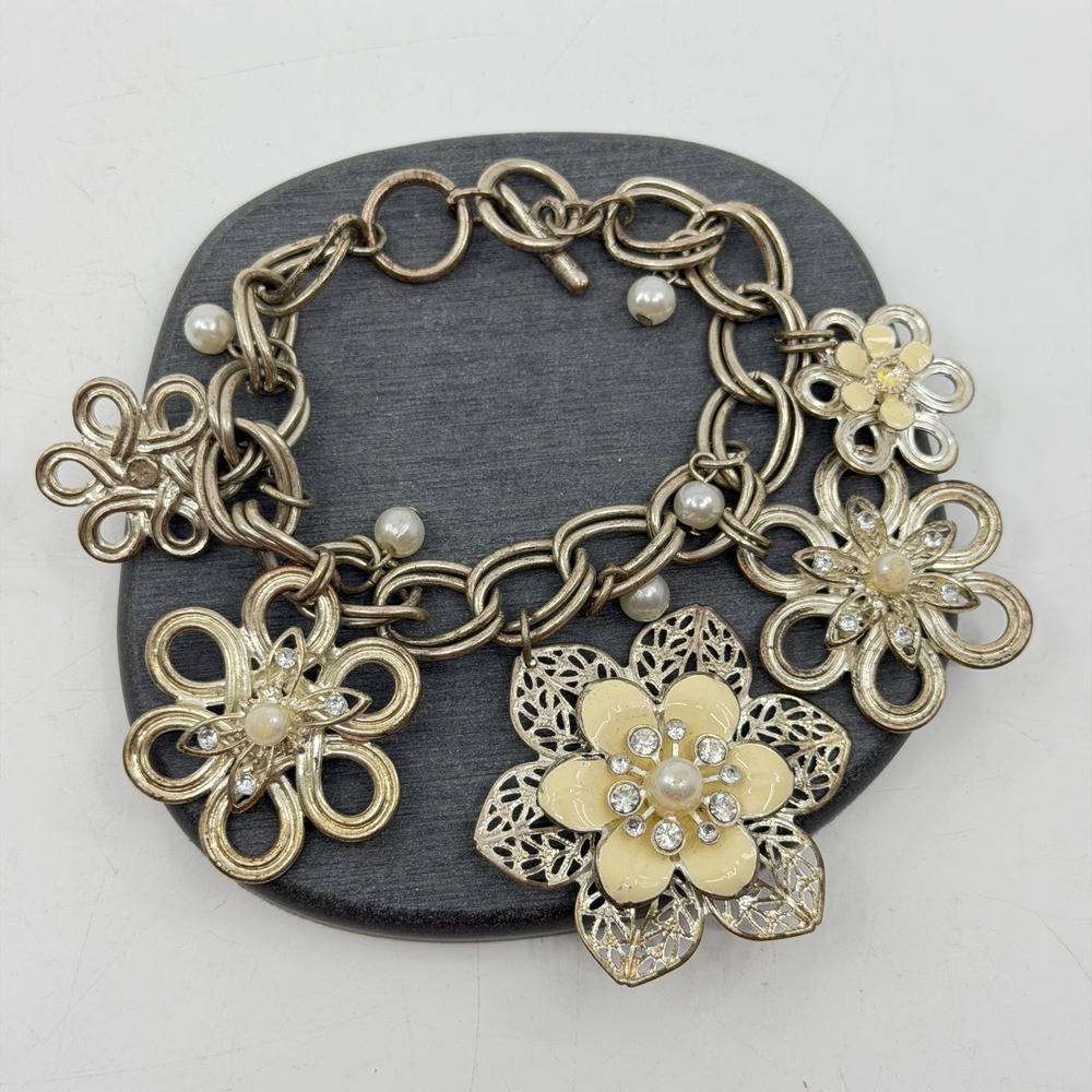 Gold Tone Chunky Chain Charm Bracelet Cream Enamel Flower Faux Pearl Rhinestone